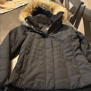 Women's Black Quilted Jacket with Faux Fur Hood